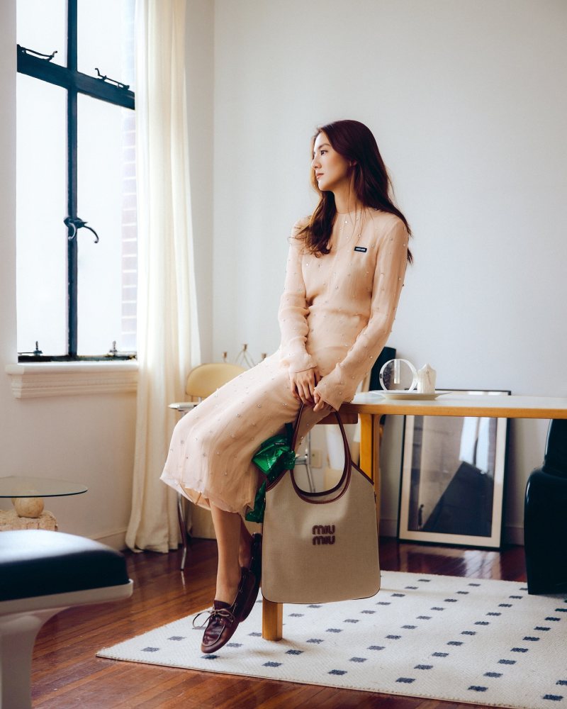 MIU MIU Beige/brandy Ivy Canvas Bag, MIU MIU Embroidered chiffon dress as seen on karena_ngs