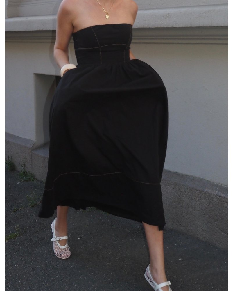 DISSH ELIDY BLACK COTTON MAXI DRESS and ALAIA BALLET FLATS IN FISHNET worn by sophiess | sophiess's closet