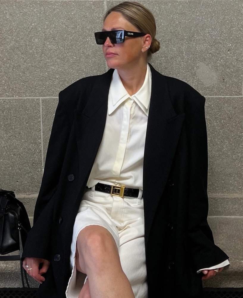 CELINE Rectangular sunglasses, SAINT LAURENT La 66 croc-effect leather belt and THE FRANKIE SHOP TALI DOUBLE COLLAR SHIRT worn by Maria Kaas | makaas's closet