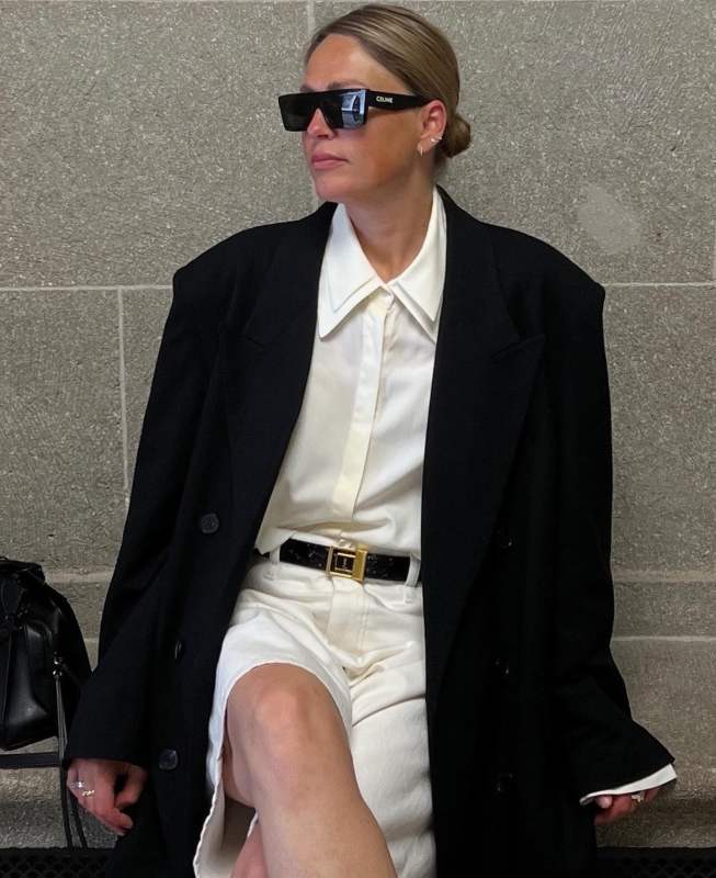 CELINE Rectangular sunglasses, SAINT LAURENT La 66 croc-effect leather belt and THE FRANKIE SHOP TALI DOUBLE COLLAR SHIRT worn by Maria Kaas | makaas's closet