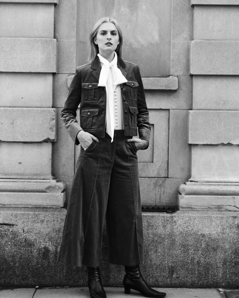 ME + EM Silk Button Layering Shirt + Tie, ME + EM Cord Culotte Wide-Leg Pants, ME + EM Velvet Military Crop Jacket and Vintage Prada Boots worn by Christie Tyler | christietyler's closet