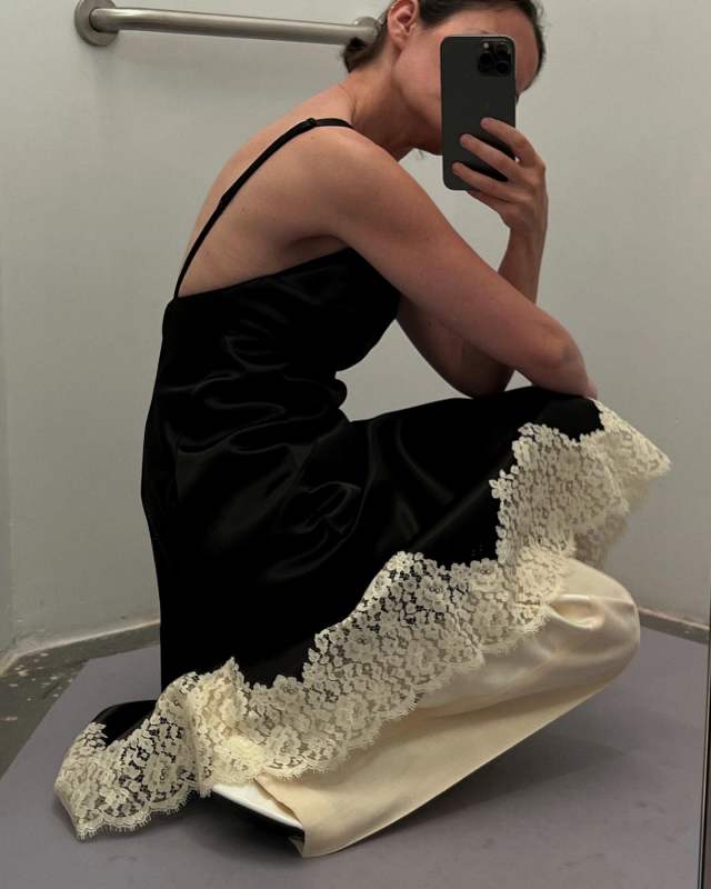 PHOEBE PHILO SLICKED SLIP DRESS in dark khaki viscose worn by Marta Cygan | Marta Cygan Outfits and Style