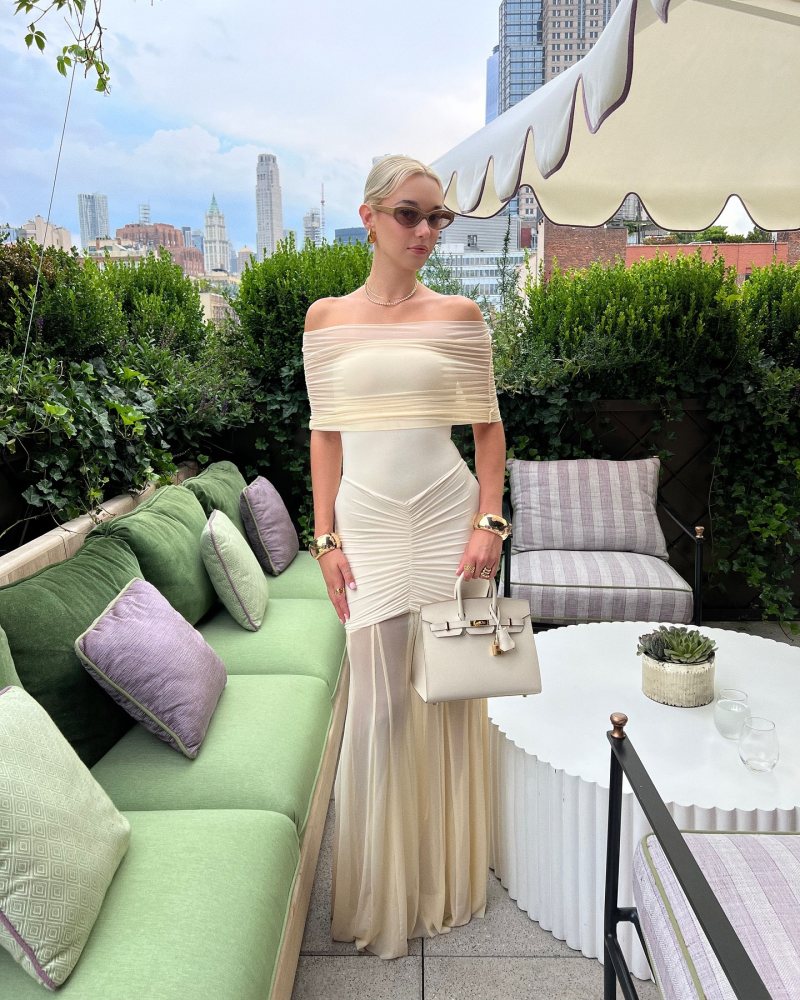 MESHKI Caspian Slinky And Mesh Off Shoulder Maxi Dress and HERMES Birkin Bag worn by Sarah Snyder | sarahfuckingsnyder's closet