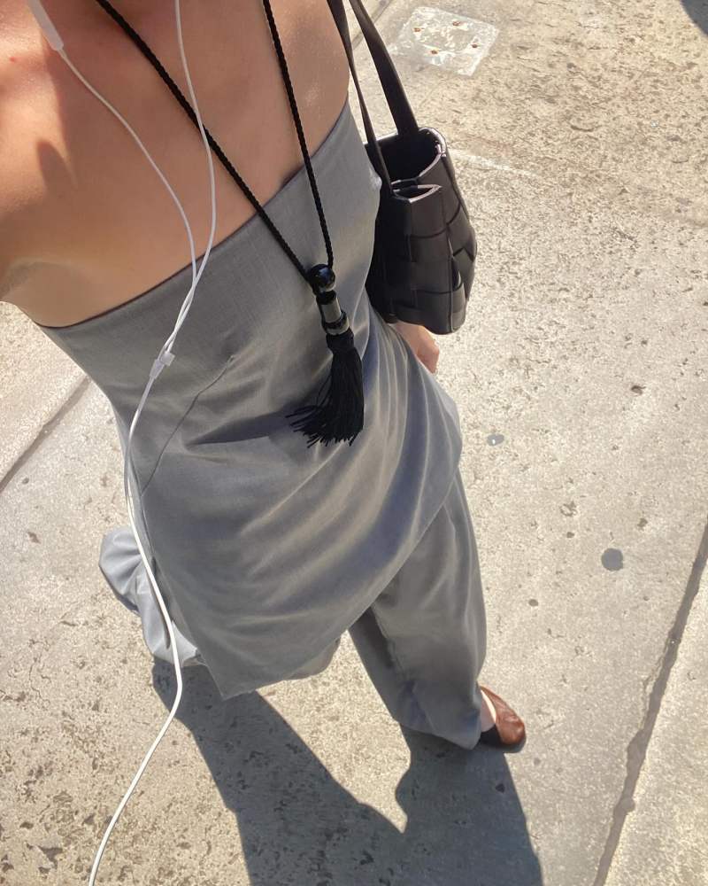 St. Agni Slim Woven Tote, St. Agni Wool Column Tunic, St. Agni Adjustable Pants, LE SUNDIAL TRINITY ONYX TASSEL NECKLACE and THE ROW Flats worn by Christie Tyler | christietyler's closet
