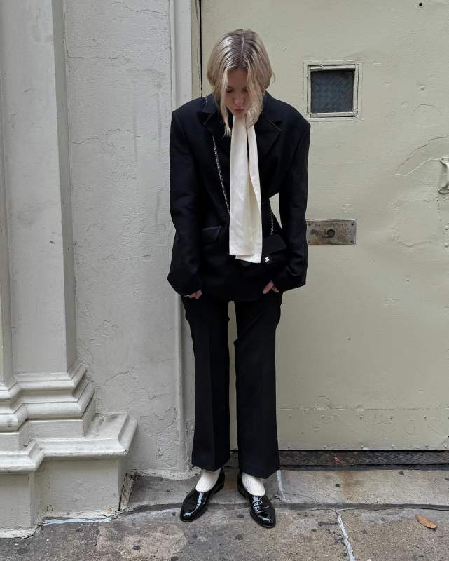 ROHE sash satin-silk blouse and CHANEL Moccasins Patent Calfskin Black worn by Christie Tyler | christietyler's closet