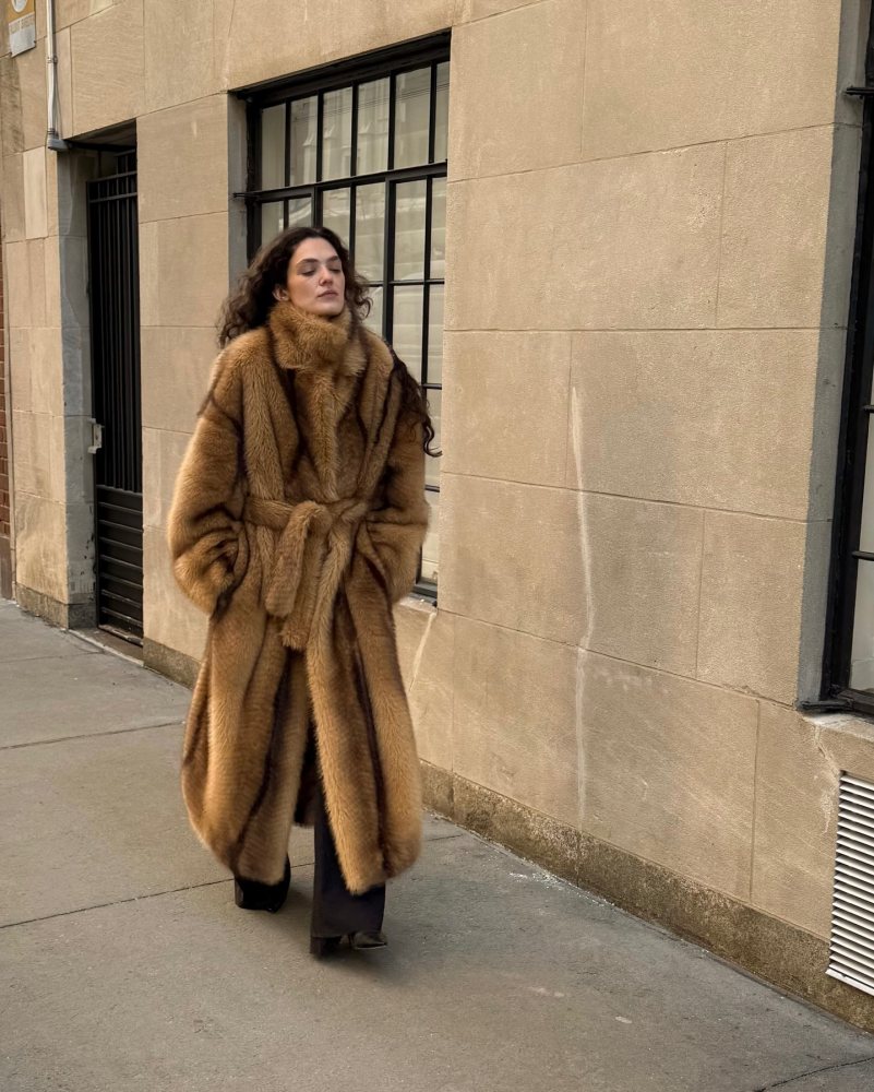 The Frankie Shop Ravello Faux Fur Robe Coat - Beige/Brown worn by Emily Bonita | Emily Bonita Outfits and Style