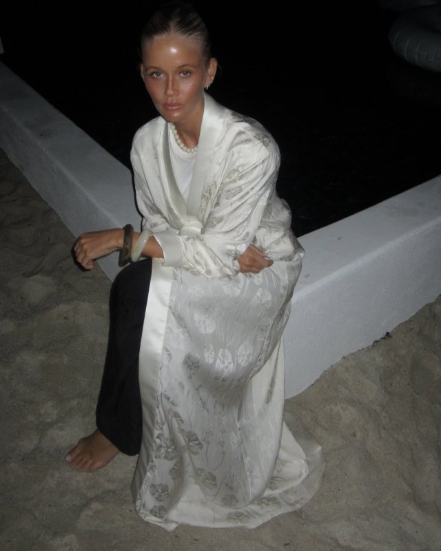 EMPORIO ARMANI Silk-blend satin overcoat with robe fastening and all-over ramage embroidery as seen on josefinehj