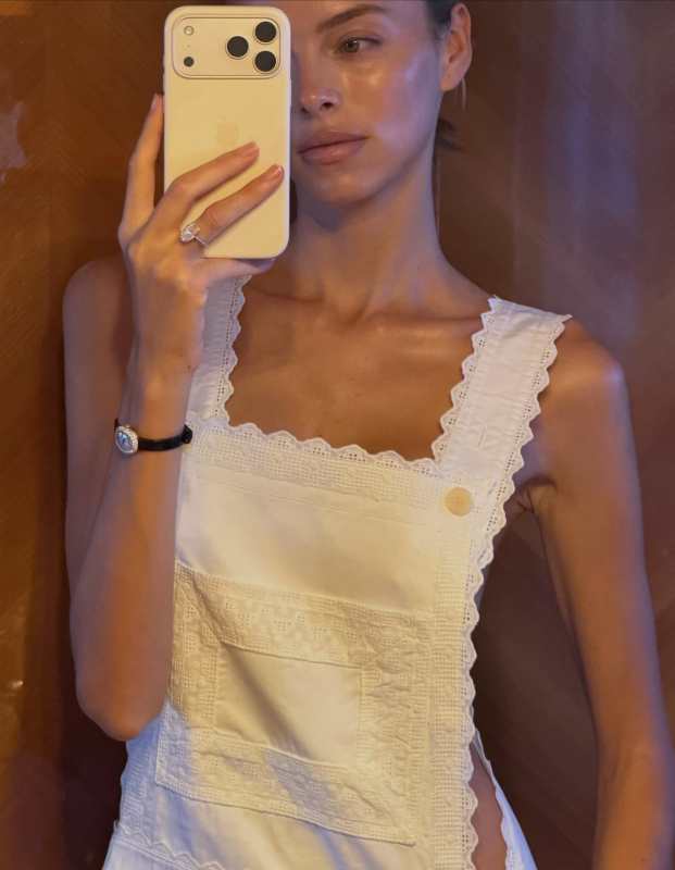 HELSA The Summer Overalls With Vintage Swiss Embroidery and Cartier Baignoire watch worn by Marie-Lou | Marie-Lou Outfits and Style