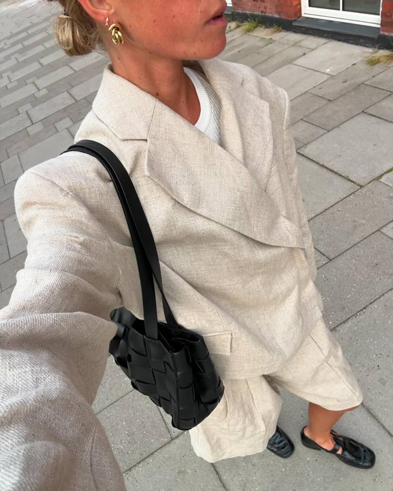 St. Agni Slim Woven Tote, Massimo Dutti Square-toe buckled loafers, REMAIN BIRGER CHRISTENSEN Beige Kirsten Blazer and REMAIN BIRGER CHRISTENSEN Beige Belted Shorts worn by Alice Pilate | alicepilate's closet