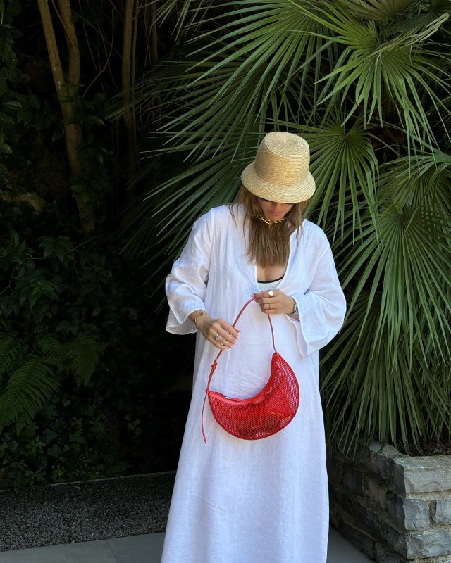 Alex Riviere studio AMBER TUNIC Dress and ALAIA ONE PIECE DEMI LUNE BAG IN FISHNET as seen on vikyrader