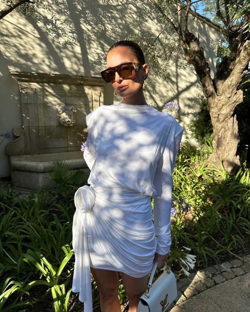 MAGDA BUTRYM White Round Neck Minidress, LOUIS VUITTON Twist MM Epi Leather Handbag, LOUIS VUITTON LV Link Square Sunglasses and CHANEL Mary Janes worn by Lena Terlutter | lenaterlutter's closet