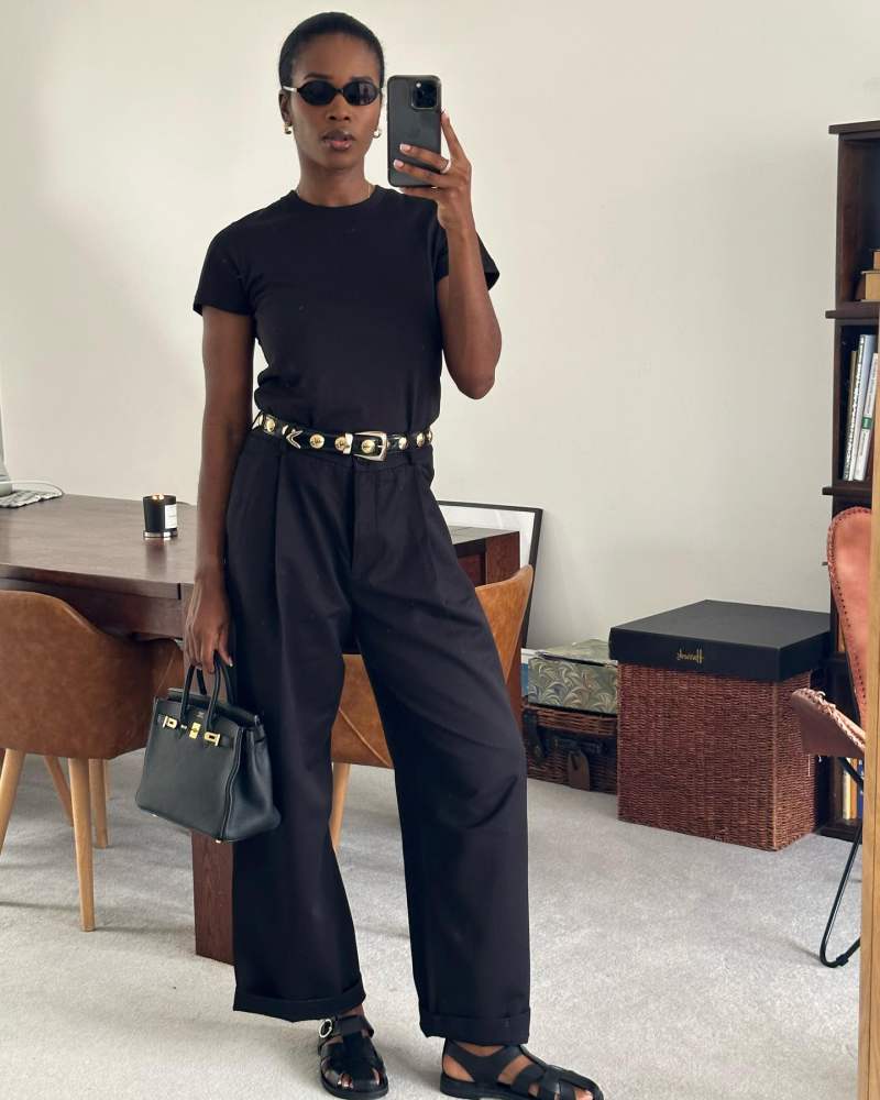 Khaite Benny Studded Leather Belt, MIU MIU logo-lettering oval sunglasses, HERMES Birkin Bag and ZARA LOW HEEL LEATHER FISHERMAN SANDALS worn by MARILYN | nlmarilyn's closet