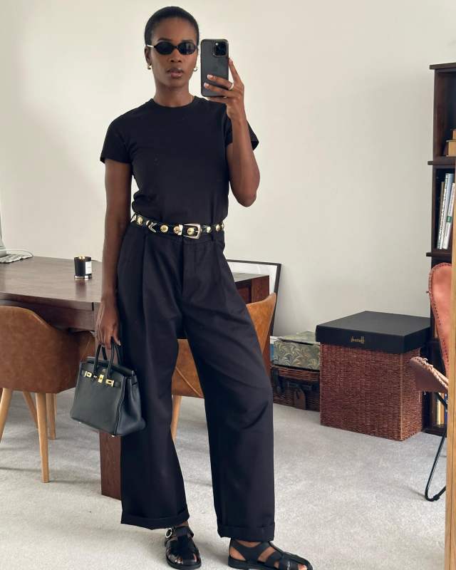 Khaite Benny Studded Leather Belt, MIU MIU logo-lettering oval sunglasses, HERMES Birkin Bag and ZARA LOW HEEL LEATHER FISHERMAN SANDALS worn by MARILYN | nlmarilyn's closet