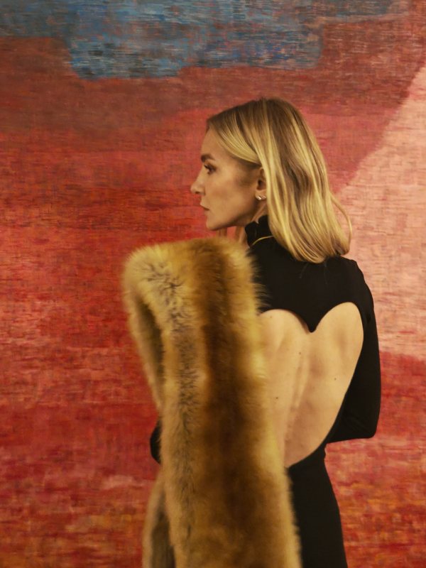 MIU MIU Shearling fur stole and Alaïa Heart Cut-out Maxi Dress worn by Andrijana Savic | Andrijana Savic Outfit and Style