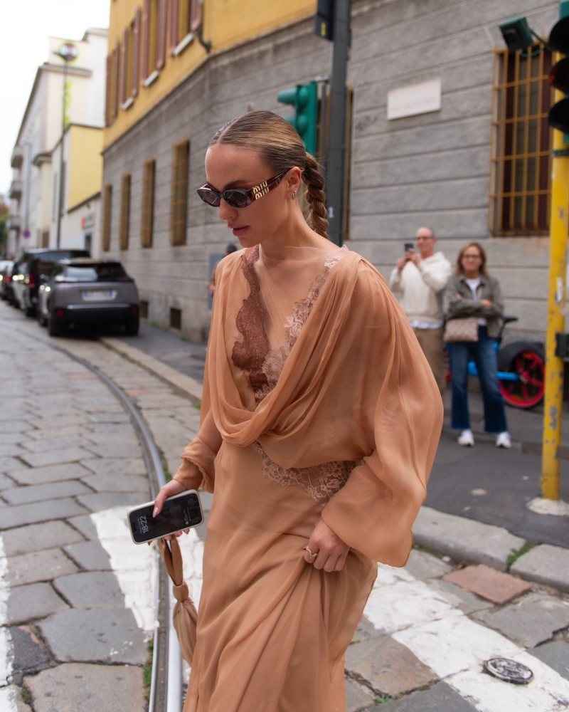 MIU MIU Glimpse oval-frame tortoiseshell acetate sunglasses, ALBERTA FERRETTI Organic chiffon dress with lace and ALBERTA FERRETTI Satin bucket bag worn by Viky Rader | vikyrader's closet