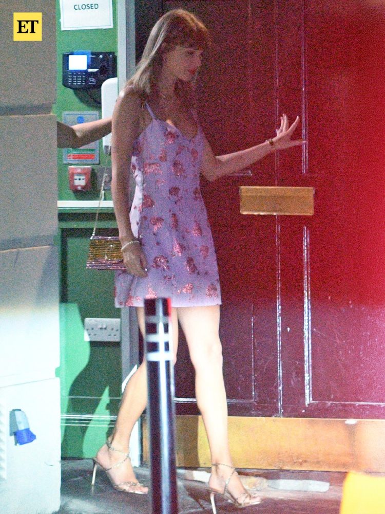 DELPHINE Mini Isabelle Dress, Aquazzura Love Struck Sandal 85 and Christian Louboutin LOUBI54 CREPE SATIN/CRYSTAL AFTERSUN/MET worn by Taylor Swift
