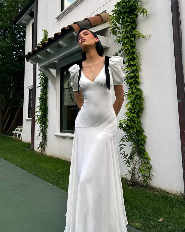 RODARTE Off White Silk Crepe Bias Dress With Velvet Ribbon Bow Details worn by Nara | naraaziza's closet