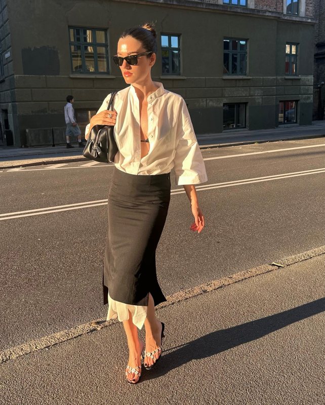 The Garment Black Treviso Midi Skirt, Magda Butrym Brigitte Small leather tote bag, Vintage Manolo Blahnik Sandals and MKDT Studio White Shirt worn by Ilirida Krasniqi | iliridakrasniqi's closet