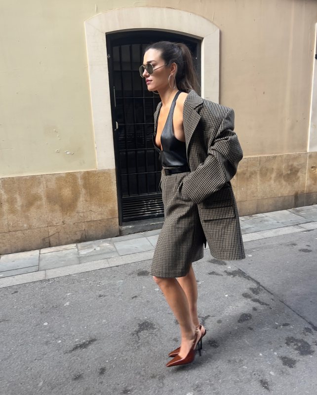 Saint Laurent Dune Slingback Pump, Saint Laurent Leather tank top, Saint Laurent jacket in Vichy wool and Saint Laurent Vichy wool-blend pencil skirt worn by Ilirida Krasniqi | iliridakrasniqi's closet
