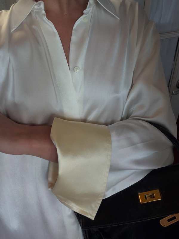 TOTEME Soft tuxedo shirt white worn by Christie Tyler | Christie Tyler Outfits and Style