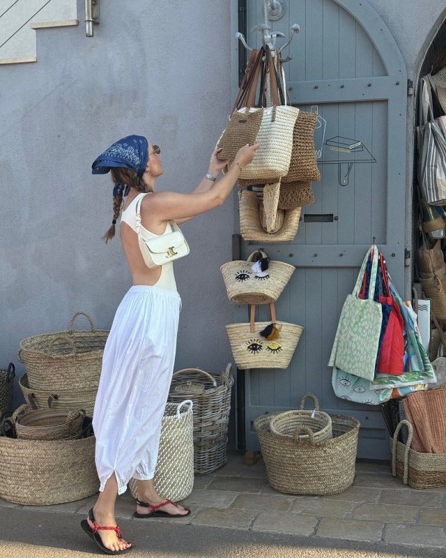 Jil Sander Swimsuit, MIU MIU Sporty Rope Thong Slingback Sandals and CELINE SHOULDER BAG TERENCE IN PATENT CALFSKIN WHITE COTTON worn by Viky Rader | vikyrader's closet