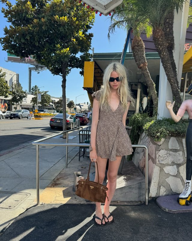 PRADA Medium Suede Top Handbag and Frankies Bikinis Lucy Wrap Mini Dress Baby Leopard worn by Stella Lucia | stellaluciadeopito's closet