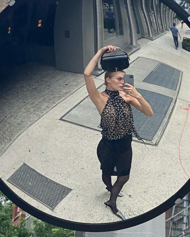 Saint Laurent Voltaire Mini leather shoulder bag and SAINT LAURENT Blade embellished croc-effect leather slingback pumps worn by Christie Tyler | christietyler's closet
