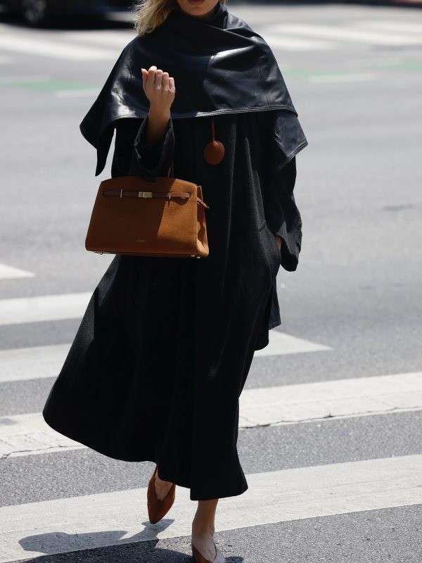 Saint Laurent long coat in brushed cashmere and wool, NOUR HAMMOUR edra Sleek Leather Cape, Loro Piana Rebecca Calfskin Ballerina Flats, HERMES Mirror accessory worn by Elsa Hosk | Elsa Hosk Outfits and Style
