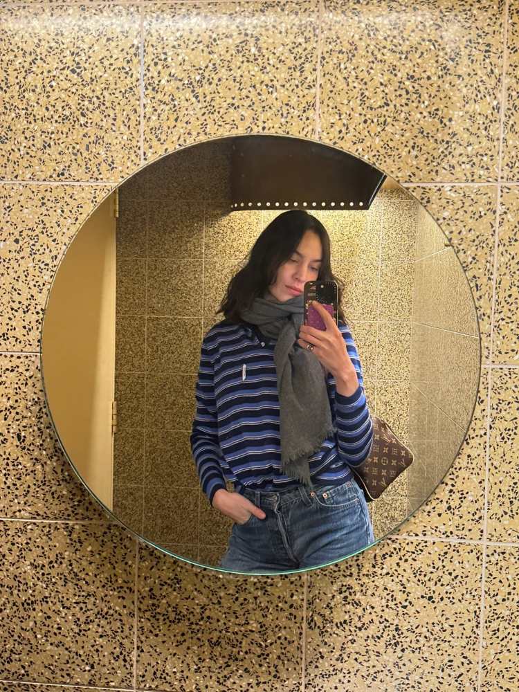 HOMMEGIRLS Knit Stripe Polo in Blue Stripe worn by Alexa Chung | Alexa Chung Outfit and Style