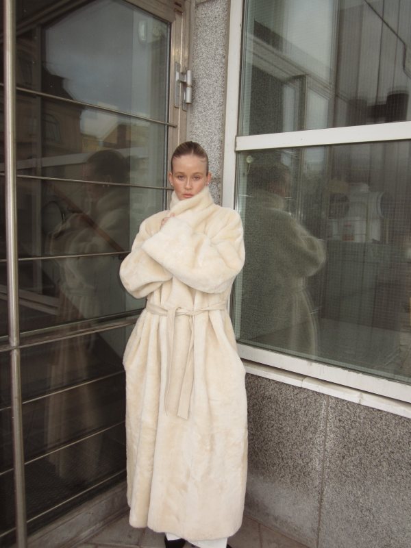 MAGDA BUTRYM Reversible shearling wrap coat in cream worn by Josefine Haaning Jensen | Josefine Haaning Jensen Outfit and Style
