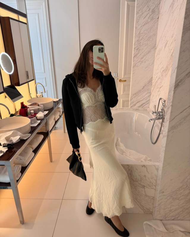 Burberry Small Swan Bag and Victoria Beckham V-Neck Midi Dress worn by Vittoria Ceretti | vittoria's closet
