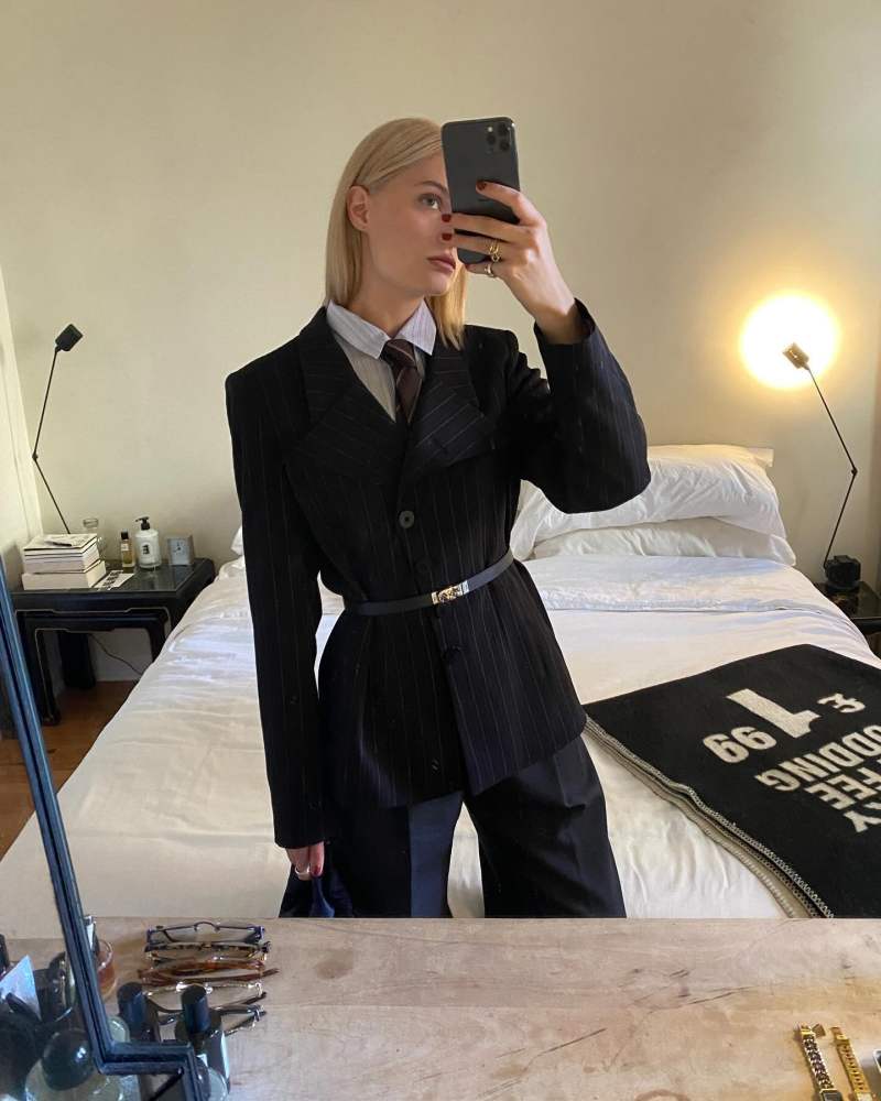 ME + EM Cotton Silk Supersoft Forever Shirt, HERMES Kelly 18 belt, Vintage PIERRE CARDIN Blazer and Vintage SAINT LAURENT Tie worn by Christie Tyler | christietyler's closet