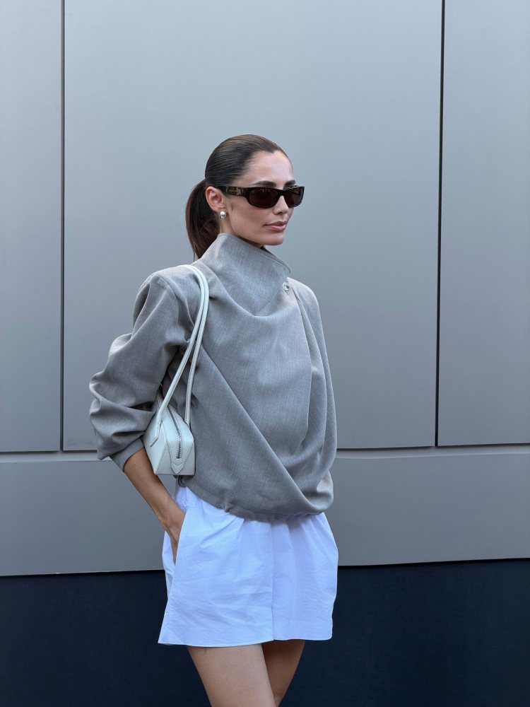 The Couture Club FUNNEL NECK TOP, CAMILLA AND MARC Wave Spotted Pump, MAGDA BUTRYM Rectangular sunglasses in brown and ALAIA Le Teckel Small leather shoulder bag worn by Rebecca Donaldson | Rebecca Donaldson Outfits and Style