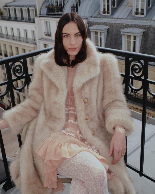 Valentino SYNTHETIC FUR COAT, Valentino chiffon mini dress, Valentino LADYCRUSH SANDAL IN KIDSKIN 85MM and Valentino REBRODÉ LACE TIGHTS worn by Alexa Chung | alexachung's closet