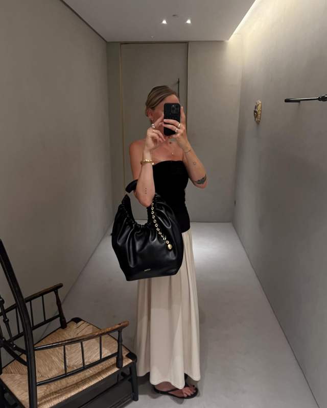 Loewe Squeeze medium chain-embellished gathered leather shoulder bag, By Malene Birger Marciella Dress and By Malene Birger Ladina Leather Heart Sandals worn by Maria Kaas | makaas's closet