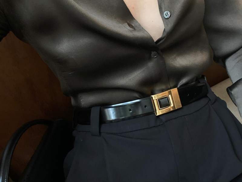Saint Laurent Glossed-leather belt and vintage Armani Shirt worn by Christie Tyler | christietyler's closet