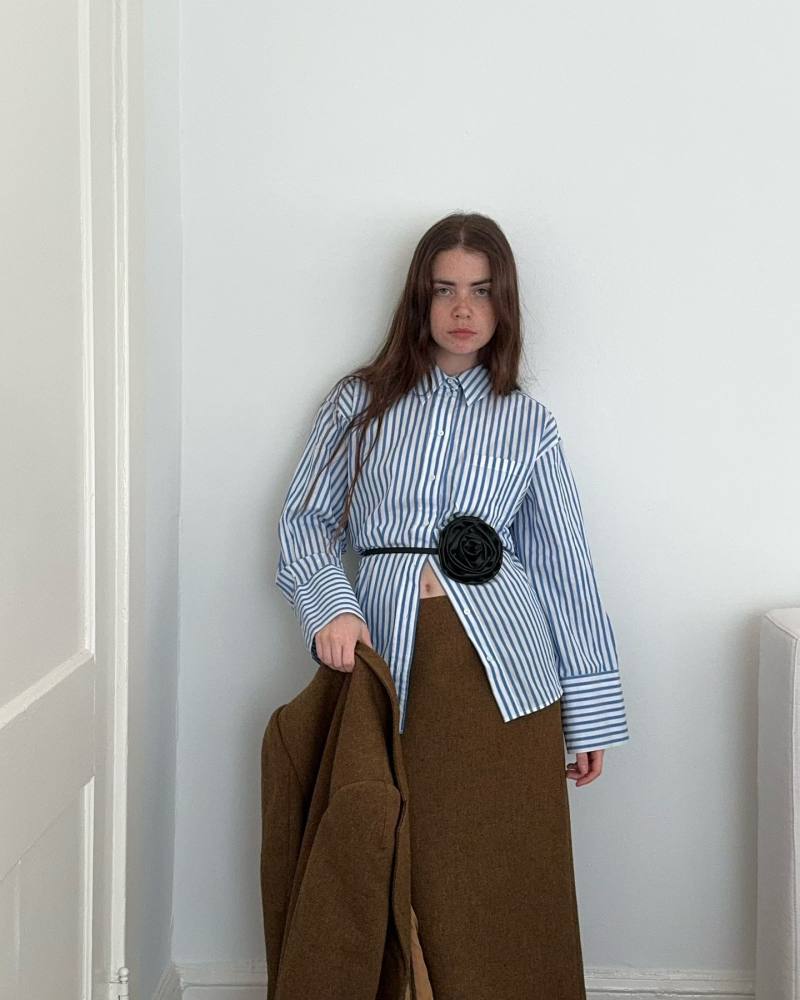 SHUSHU TONG Brown Oversized Blazer, SEZANE Max Shirt Striped blue and B-Low The Belt Rosette Wrap Belt worn by Molly Blutstein | accidentalinfluencer's closet