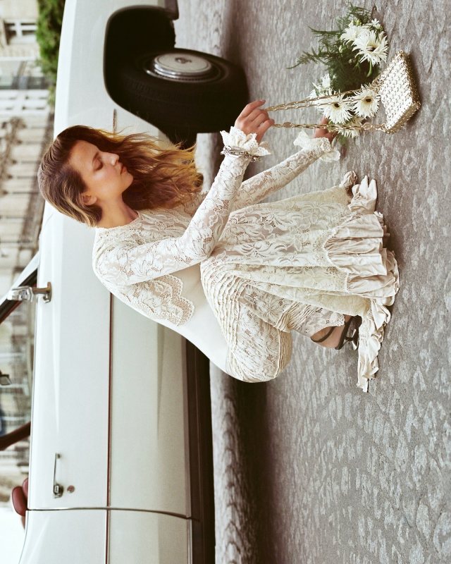 Rabanne Ruffled satin and lace midi dress worn by Carla Ginola | carla_ginola's closet
