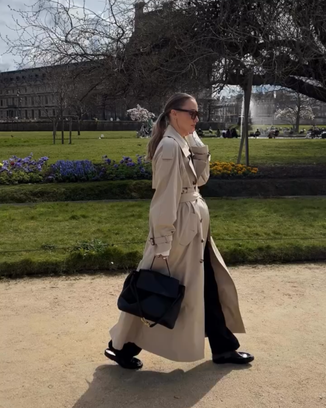 Saint Laurent Le Loafer Embossed Mules, Saint Laurent Long Trench Coat and Bottega Veneta Ciao Ciao Medium leather tote bag worn by Viky Rader | Viky Rader Outfits and Style