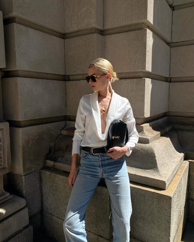SAINT LAURENT Voltaire Mini leather shoulder bag, Source Unknown Leiva Cowl-Back Blouse as seen on christietyler