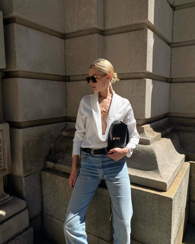 SAINT LAURENT Voltaire Mini leather shoulder bag, Source Unknown Leiva Cowl-Back Blouse as seen on christietyler