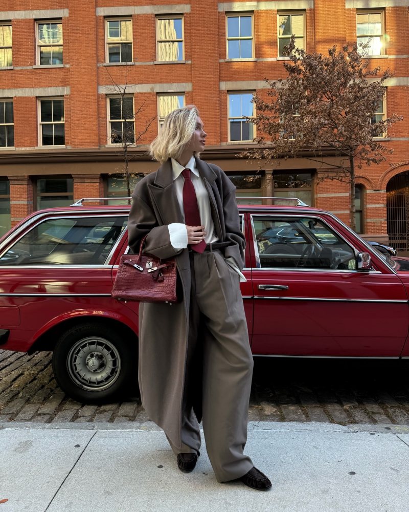 Saint Laurent Le Loafer Penny Slippers in Suede, HELSA The Relaxed Silk Shirt and HERMES Birkin Bag worn by Elsa Hosk | hoskelsa's closet