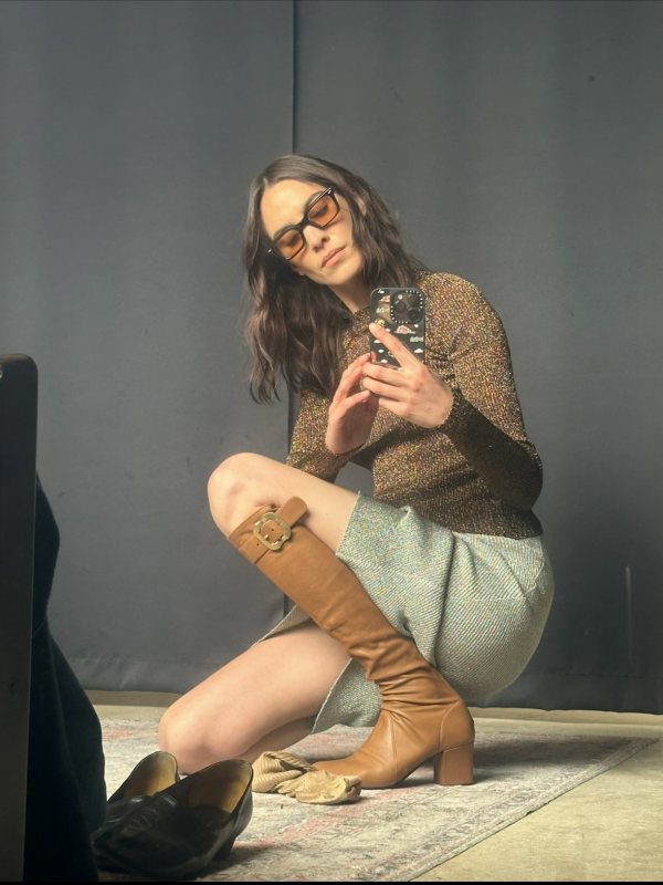MIU MIU Lamé crew-neck sweater in Tobacco, Lamé skirt in Mother-Of-Pearl, Stretch leather over-the-knee boots in brown and JACQUES Marie Mage Casablanca rectangular sunglasses worn by Alexa Chung | Alexa Chung Outfit and Style