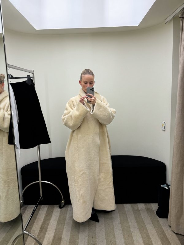 MAGDA BUTRYM Reversible shearling wrap coat in cream worn by Josefine Haaning Jensen | Josefine Haaning Jensen Outfit and Style