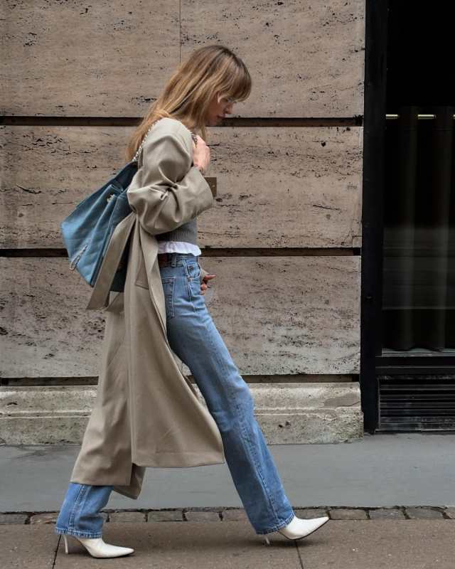 The Frankie Shop Indore Long Coat - Beige, CHANEL 25 MEDIUM HANDBAG, Levi's Jeans and Celine Boots worn by Pernille Teisbaek | Pernille Teisbaek Outfits and Style