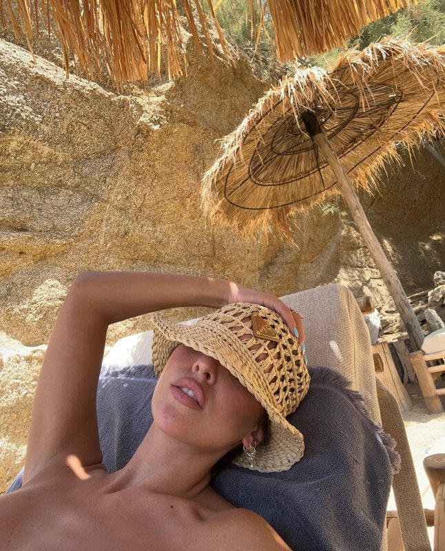 PRADA Triangle-plaque raffia-effect woven fedora hat as seen on carla ginola @carla_ginola