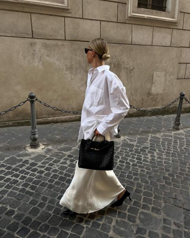 Bottega Veneta Medium Andiamo Bag and Acne Studios button-up long-sleeve shirt worn by Maria Kaas | makaas's closet