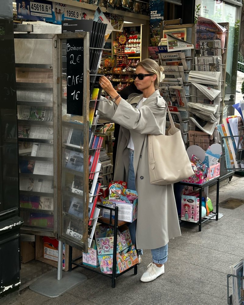 SAISON Penelope Trench Coat in Grey, The Row Bonnie Sneakers and LOUIS VUITTON Low Key Hobo MM worn by Claire Rose Cliteur | clairerose's closet