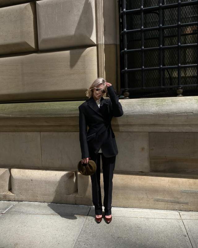 GIA STUDIOS Oversized Notch Lapel Wool Silk Blazer, GIA STUDIOS Knotted Clutch Bag and Jil Sander Pumps worn by Christie Tyler | christietyler's closet