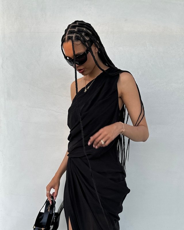 SAINT LAURENT Carine 55 patent leather slingback pumps and L'Academie by Marianna Morgane Gown as seen on Nara @naraaziza